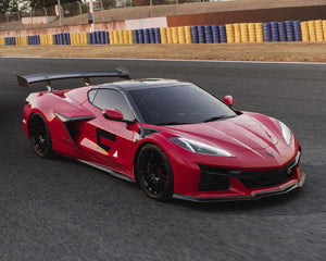 Corvette C8 Z06 ERAY ZR1 with front fender vents driving on race track