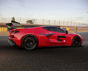 Side view of Corvette C8 Z06 ERAY ZR1 with carbon fiber spoiler on race track