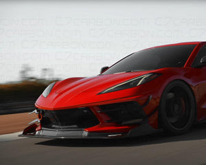 Top view of a red Corvette C8 equipped with a Legacy Edition front splitter and custom canards.