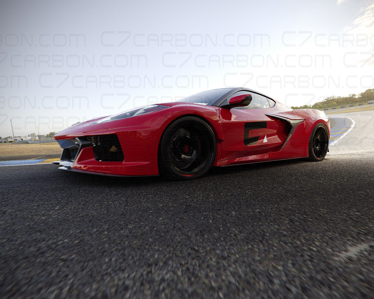 Low angle shot of Corvette C8 with C8R Style Racing Wide Body Kit on track
