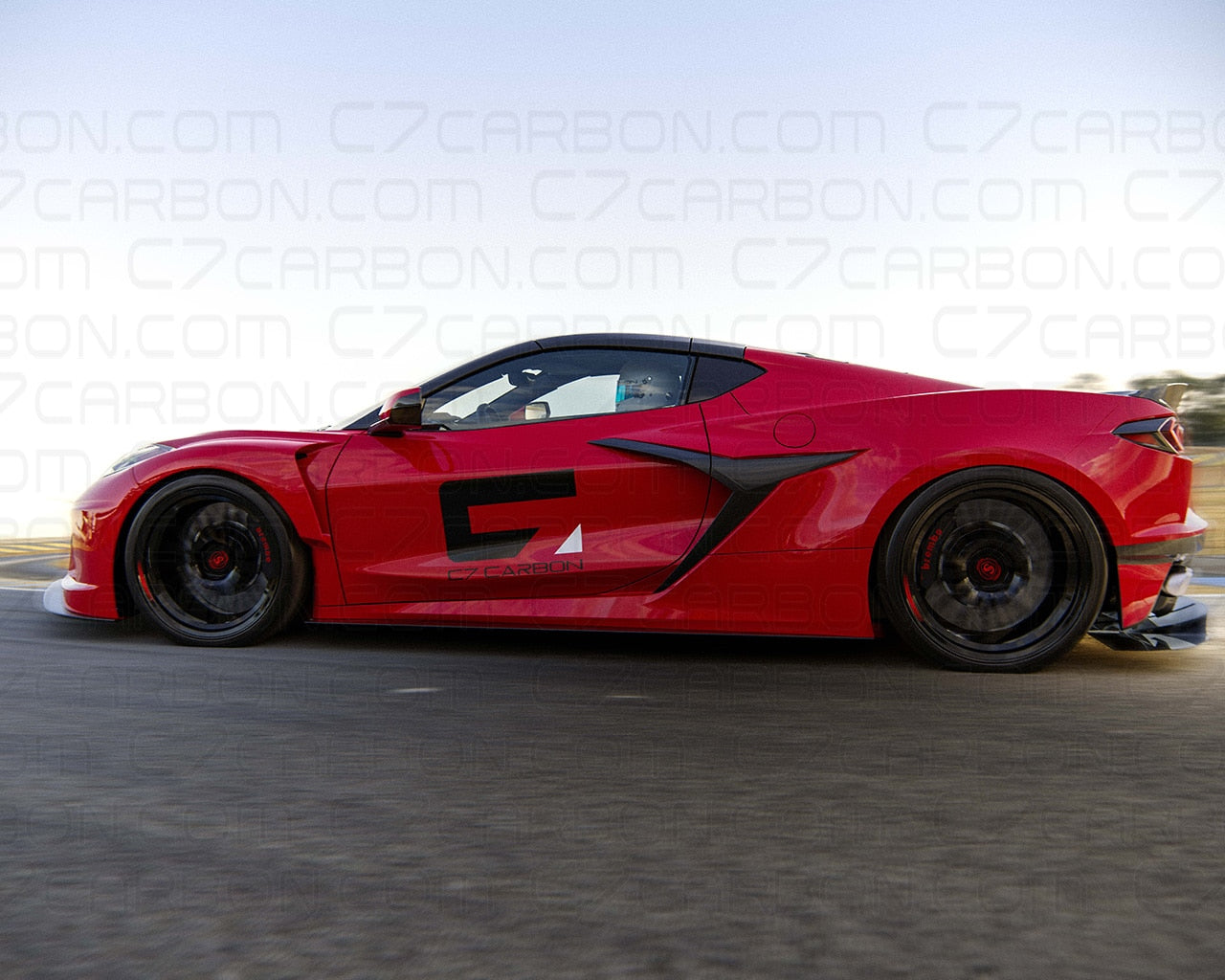 Side view of Corvette C8 with C8R Style Racing Wide Body Kit on track