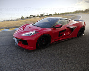 Front three-quarter view of Corvette C8 with C8R Style Racing Wide Body Kit on track