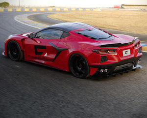 Corvette C8 with C8R Style Racing Wide Body Kit rear view on track