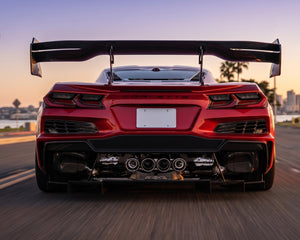 Rear view of C7 Carbon Apex GT3 pre-preg dry carbon fiber diffuser with aerodynamic strakes