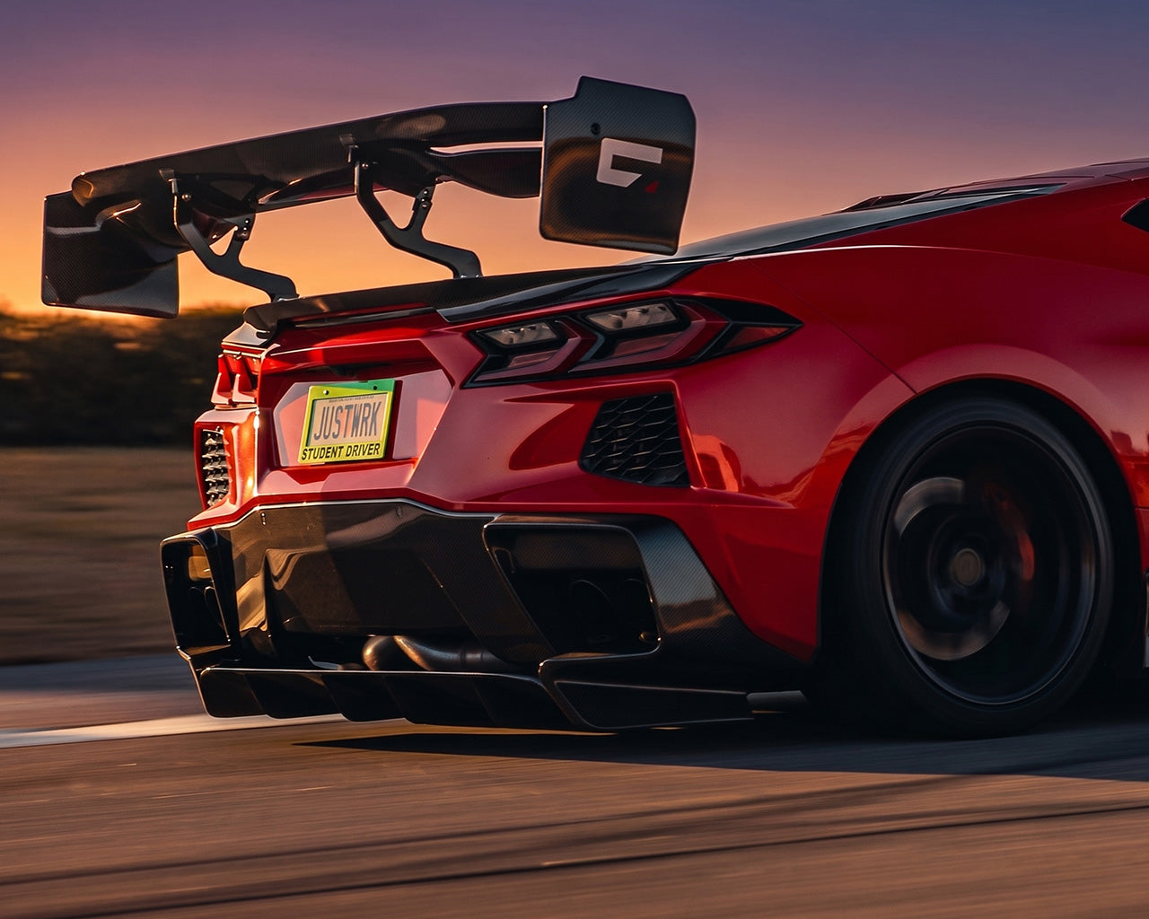 C8 Corvette Stingray with Victory 74 inch chassis mounted carbon fiber track wing installed