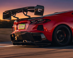 C8 Corvette Stingray with Victory 74 inch chassis mounted carbon fiber track wing installed
