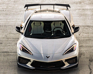 Overhead front view of C8 Corvette with OEM style carbon fiber rear high wing