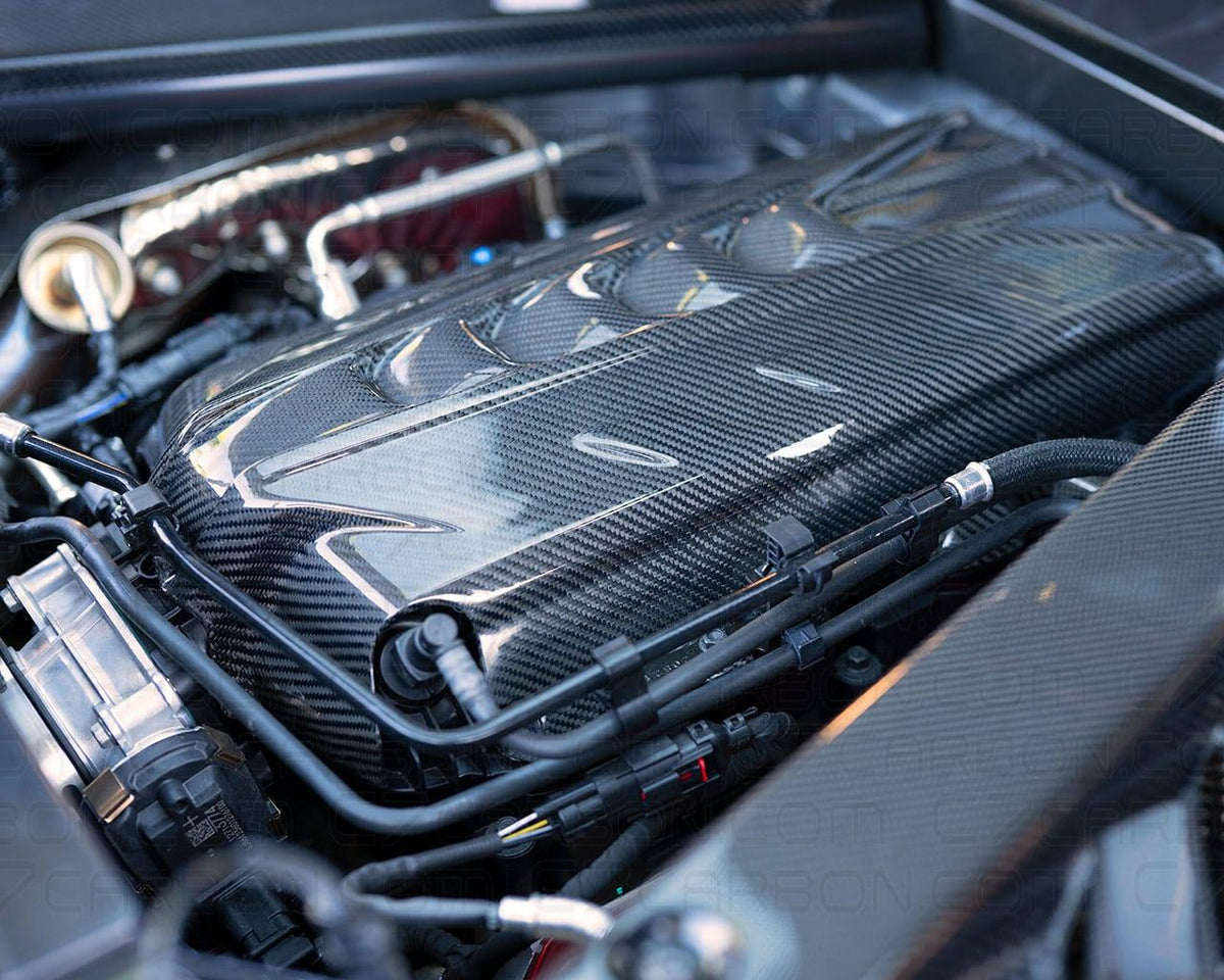 Corvette C8 Coupe pre-preg carbon fiber LT2 engine cover with high gloss UV clear coat