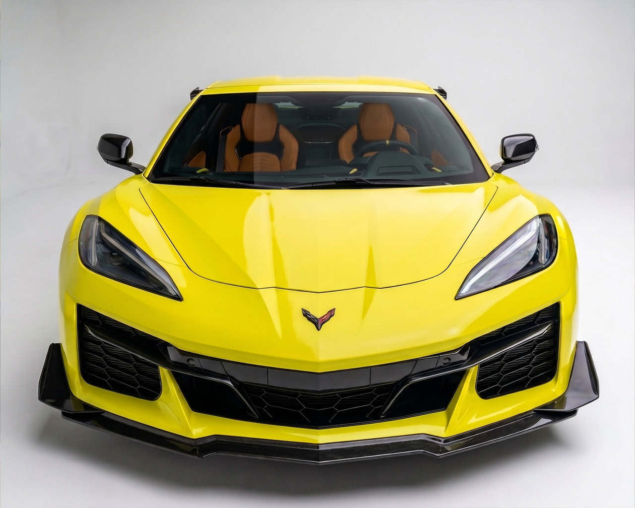 Front angle view showing C8 Corvette Z06 fitted with C7 Carbon Z07 carbon fiber front canards
