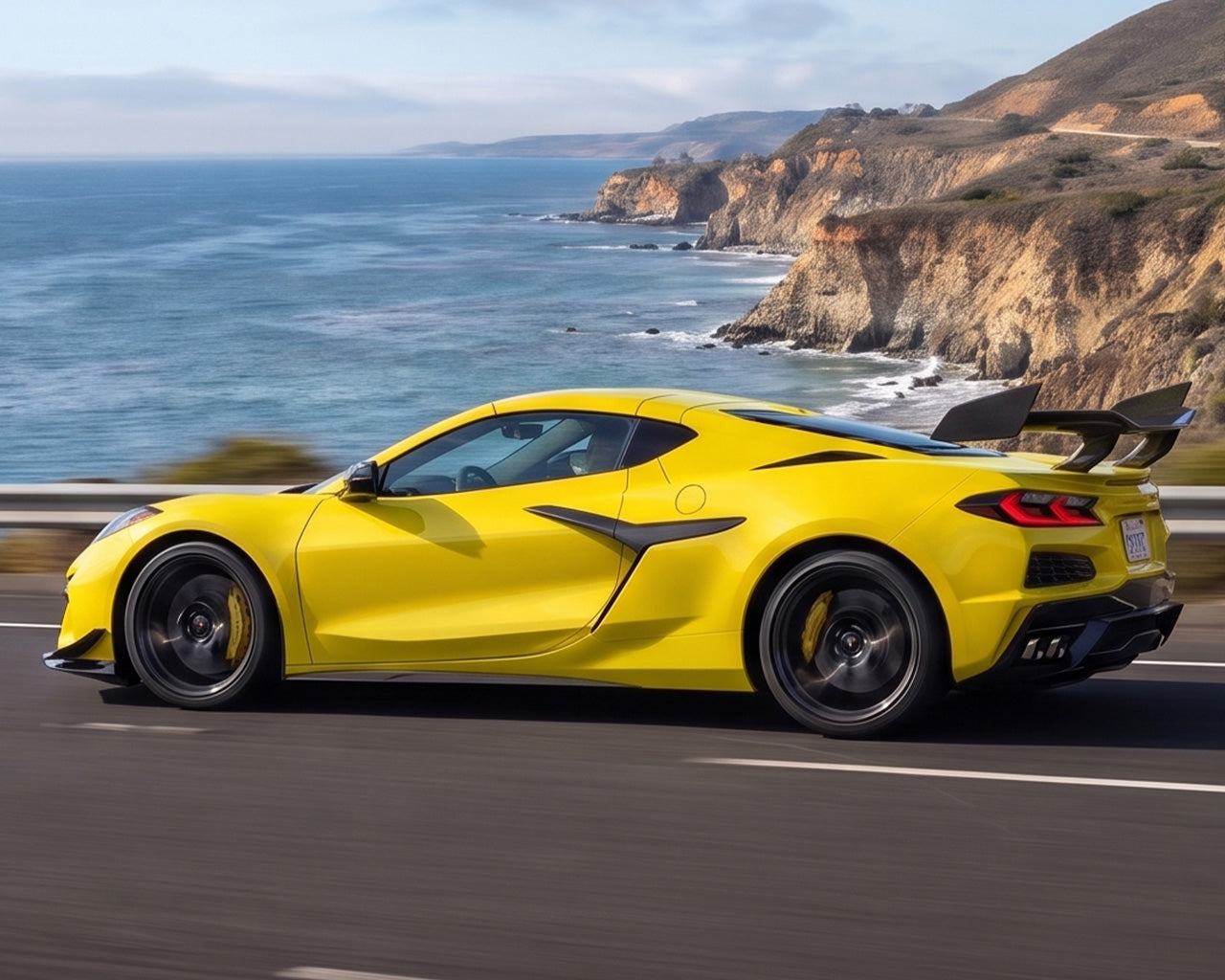 Side profile view of yellow C8 Corvette Z06 featuring track package carbon fiber rear wing