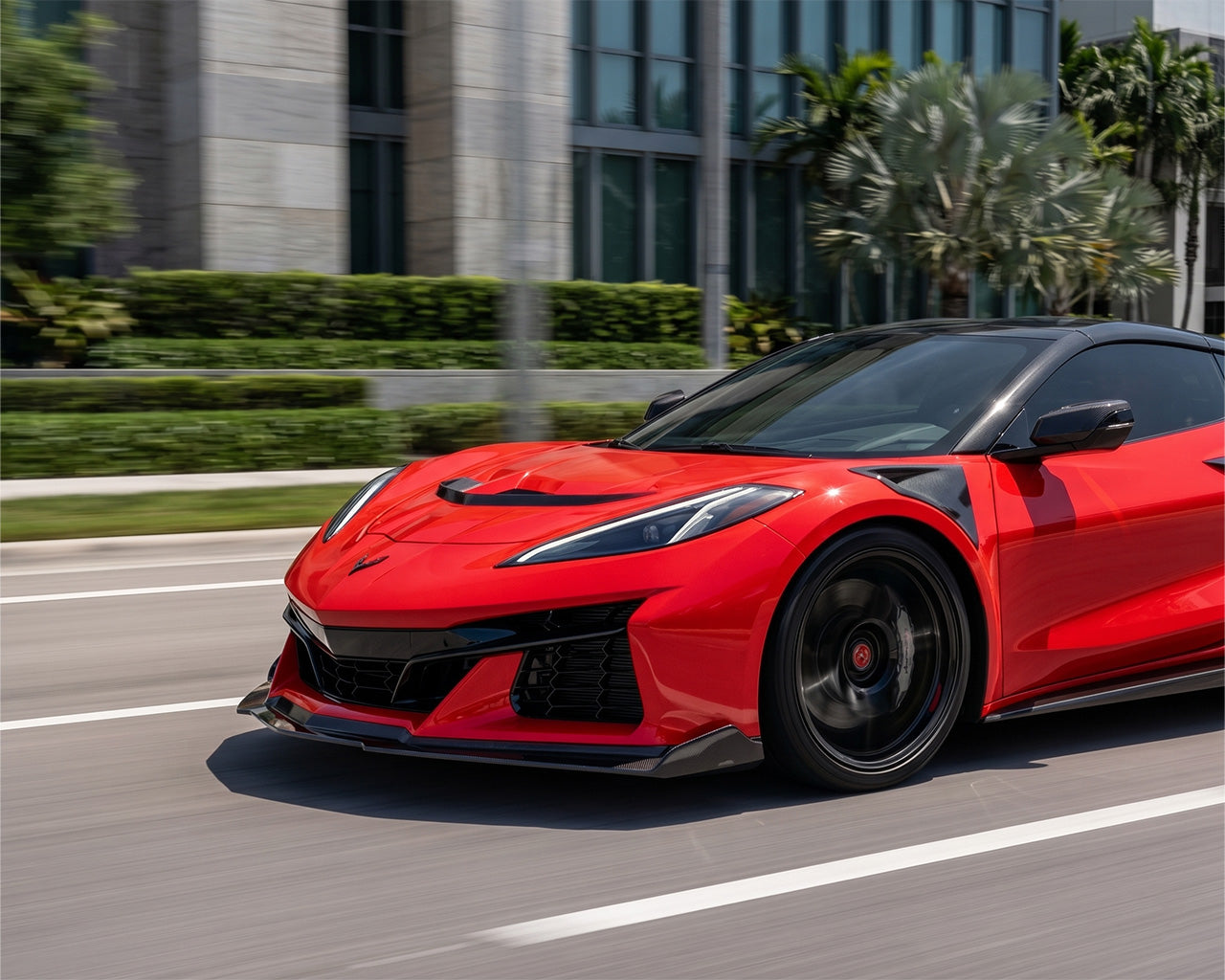 Torch Red C8 Corvette with ZR1 Style Carbon Fiber Hood in Motion | C7 Carbon
