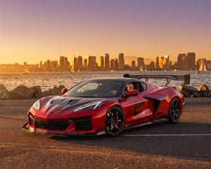 Torch Red C8 Corvette Stingray with Carbon Fiber S-Duct Hood Sunset Profile Shot