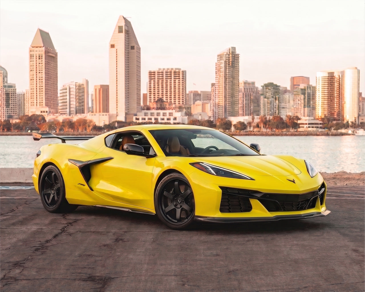 Side view of C7 Carbon Stage 2 Z07-style front splitter on yellow C8 Corvette Z06