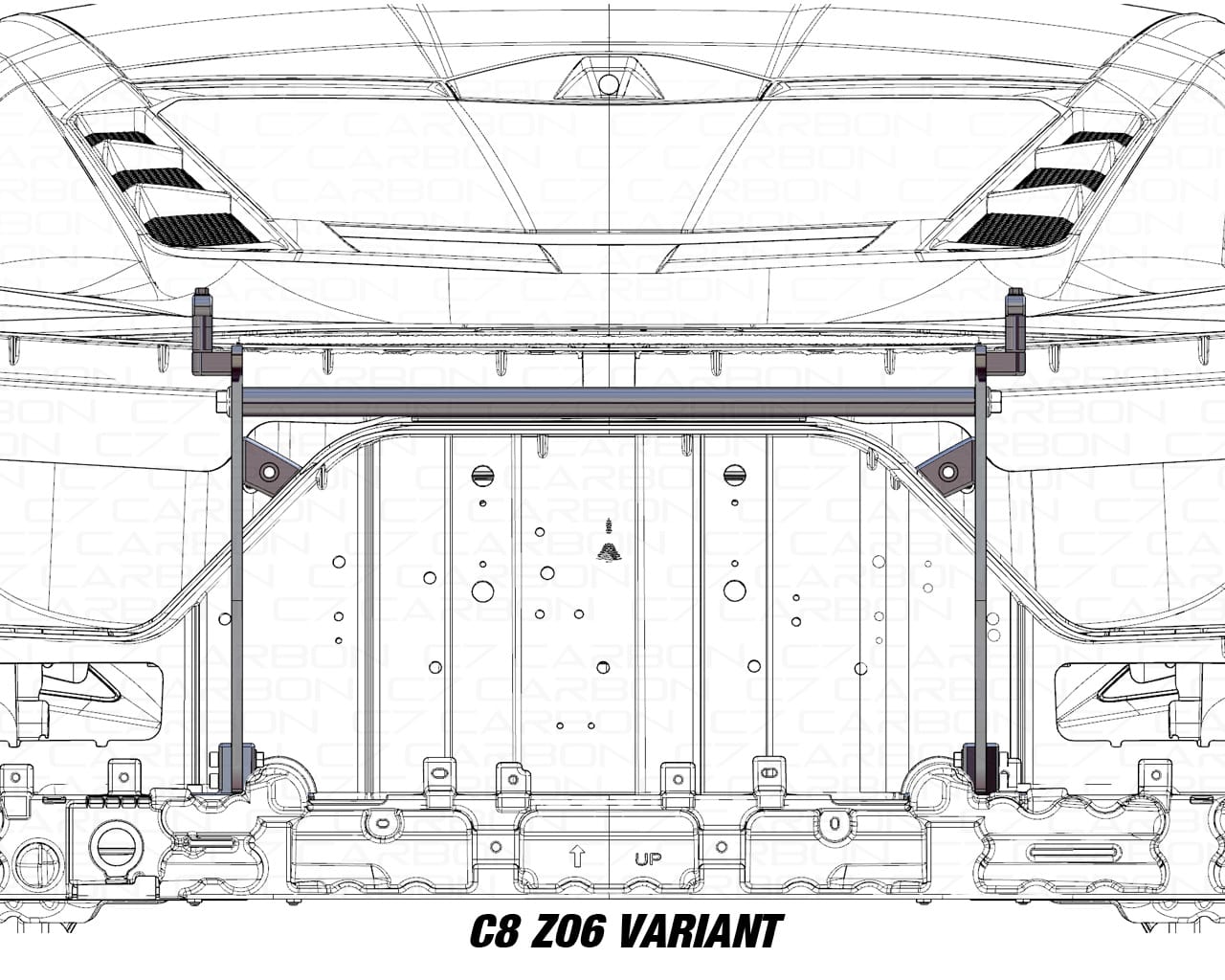 Detailed view of the C8 Z06 rear spoiler chassis mount showing crossbar attachment.