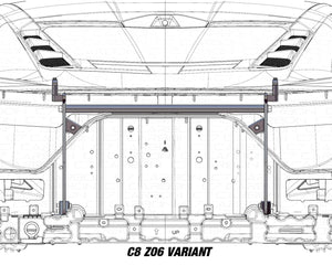 Detailed view of the C8 Z06 rear spoiler chassis mount showing crossbar attachment.