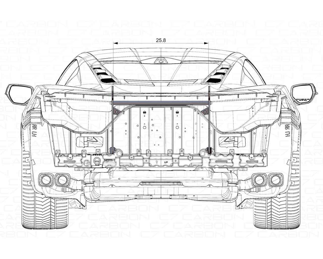 Rear view schematic of the C8 Z06 chassis showing spoiler mounting positions and structure details.