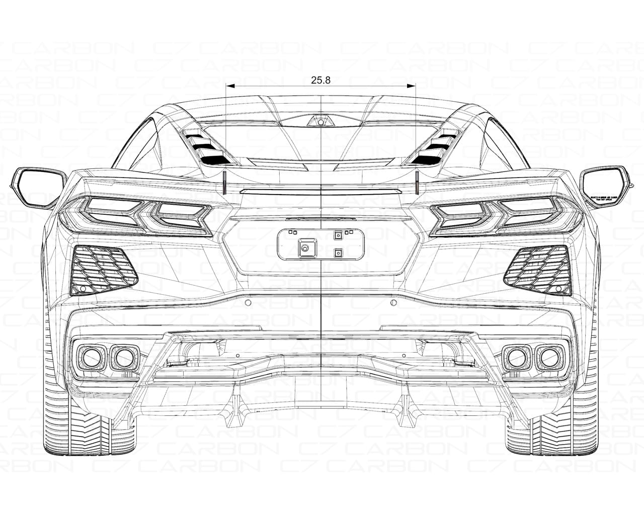Rear view diagram of the C8 Z06 showing spoiler chassis mount positions with measurement indicators.