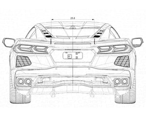 Rear view diagram of the C8 Z06 showing spoiler chassis mount positions with measurement indicators.