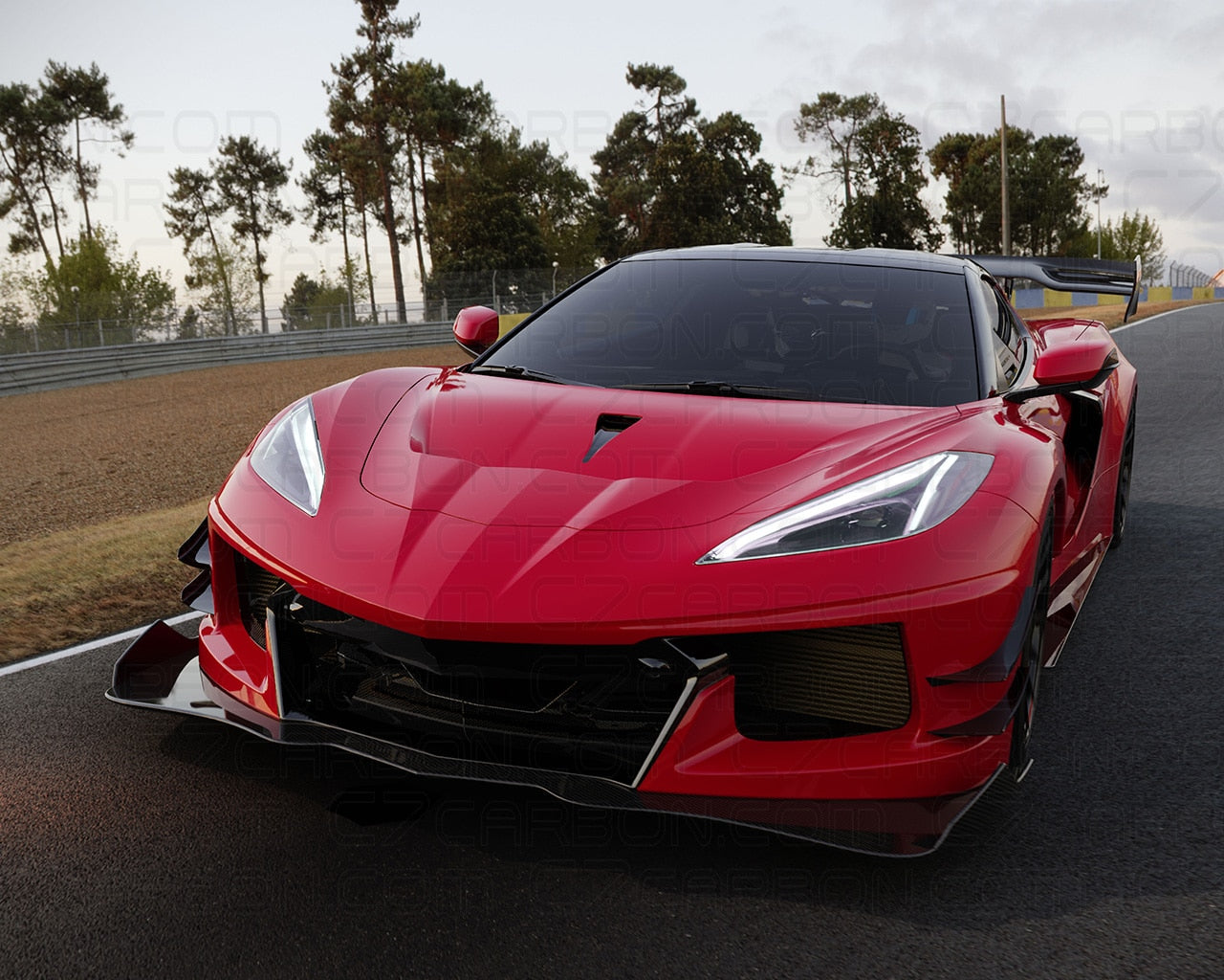 Front view of Corvette C8 GT3 Stage 3 Wide Body Kit on racetrack