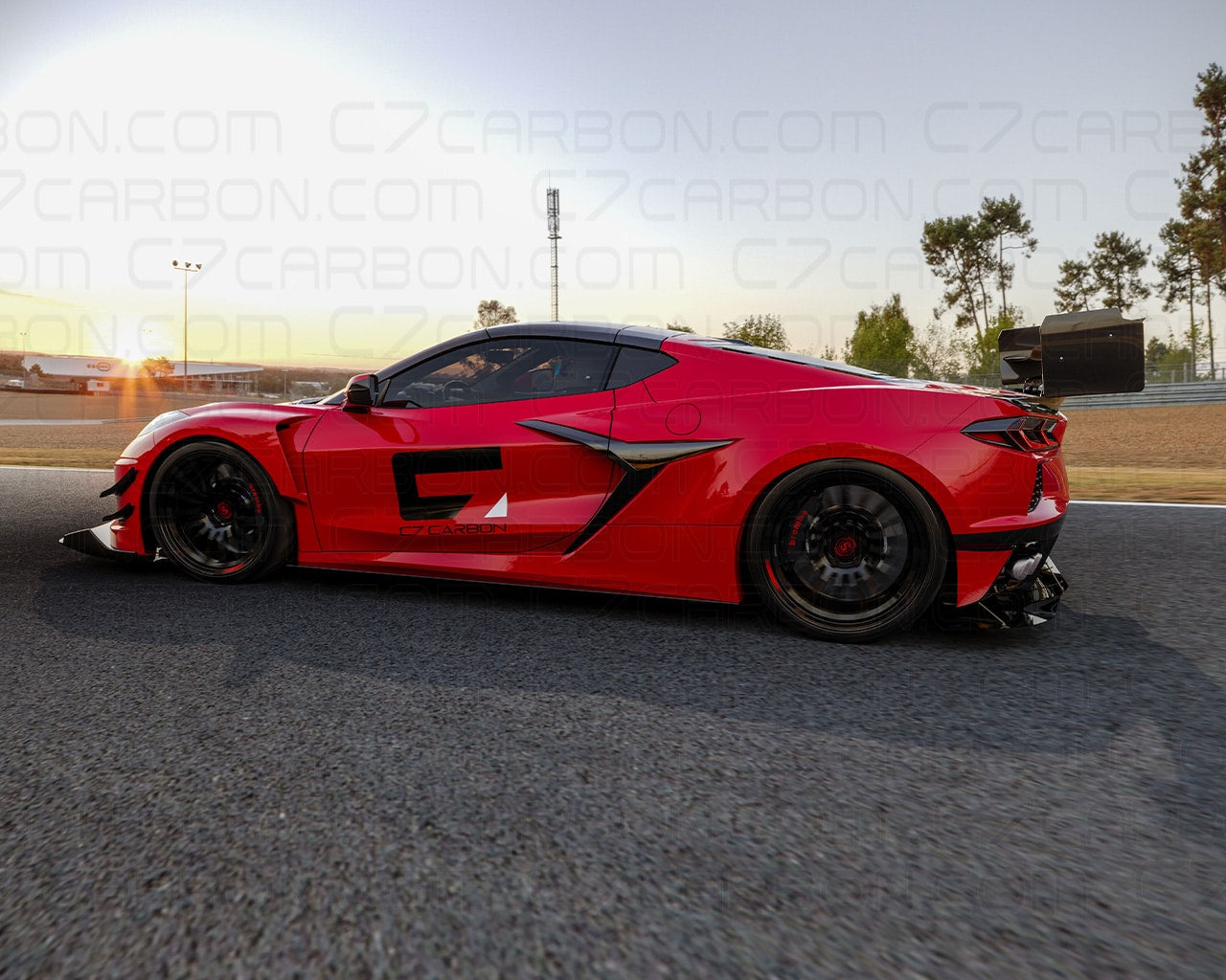 Side profile of Corvette C8 GT3 Stage 3 Wide Body Kit on the track