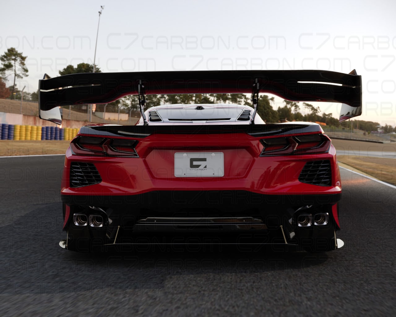 Rear view of Corvette C8 GT3 Stage 3 Wide Body Kit with racing wing