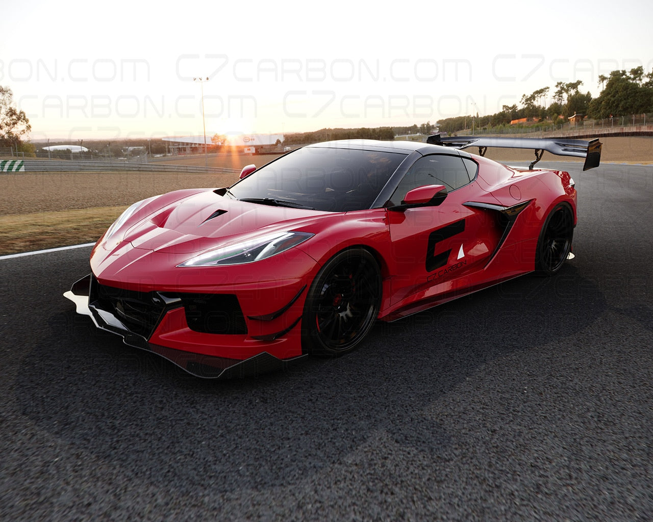 Side view of Corvette C8 GT3 Stage 3 Wide Body Kit on racetrack