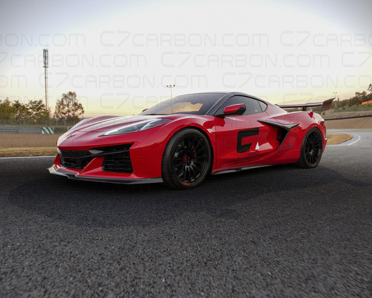 Front three-quarter view of the Corvette C8 Z06 ERAY ZR1 on a race track with a carbon fiber spoiler