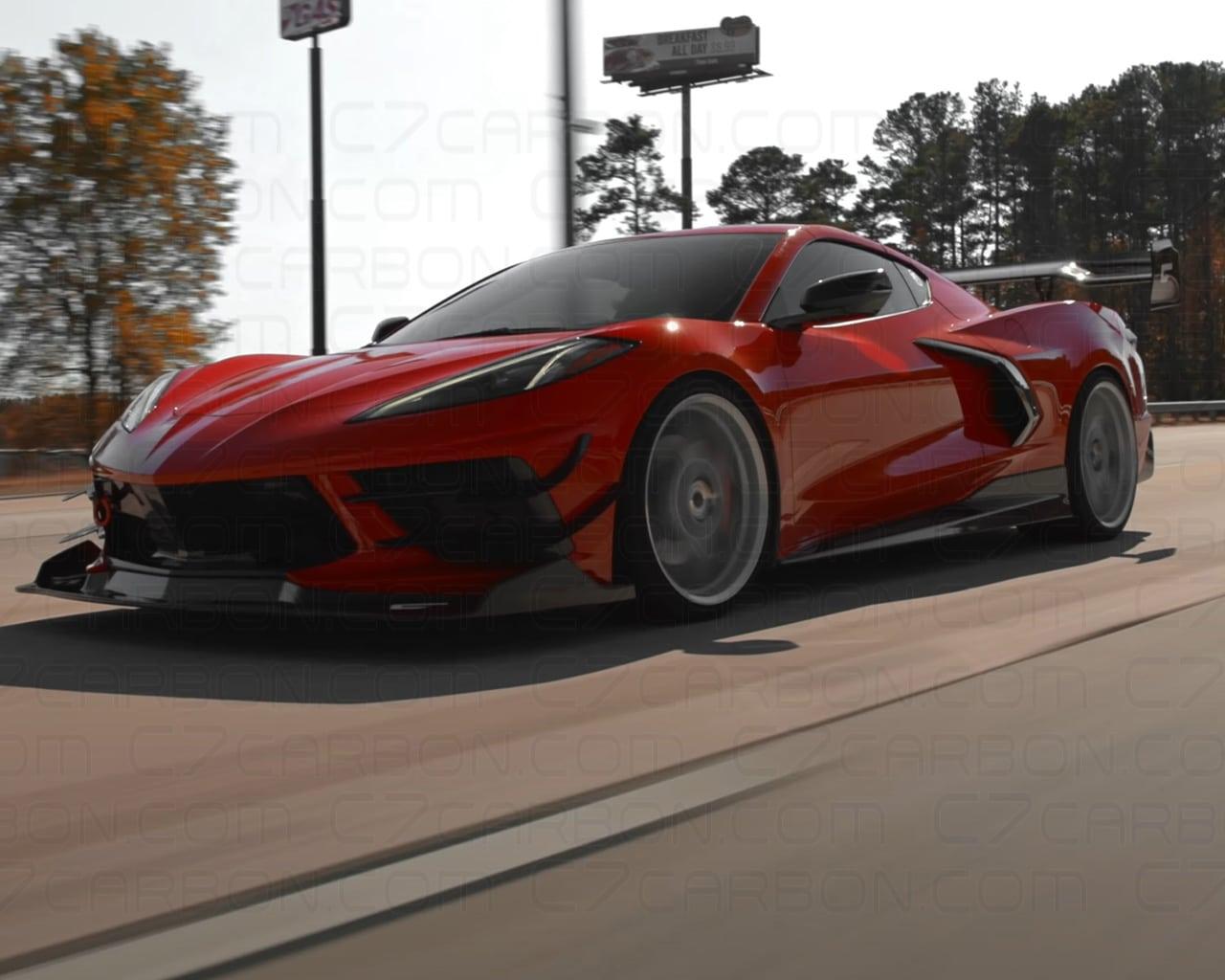 Red Corvette C8 Legacy Edition accelerating on a racetrack, showing the front splitter.