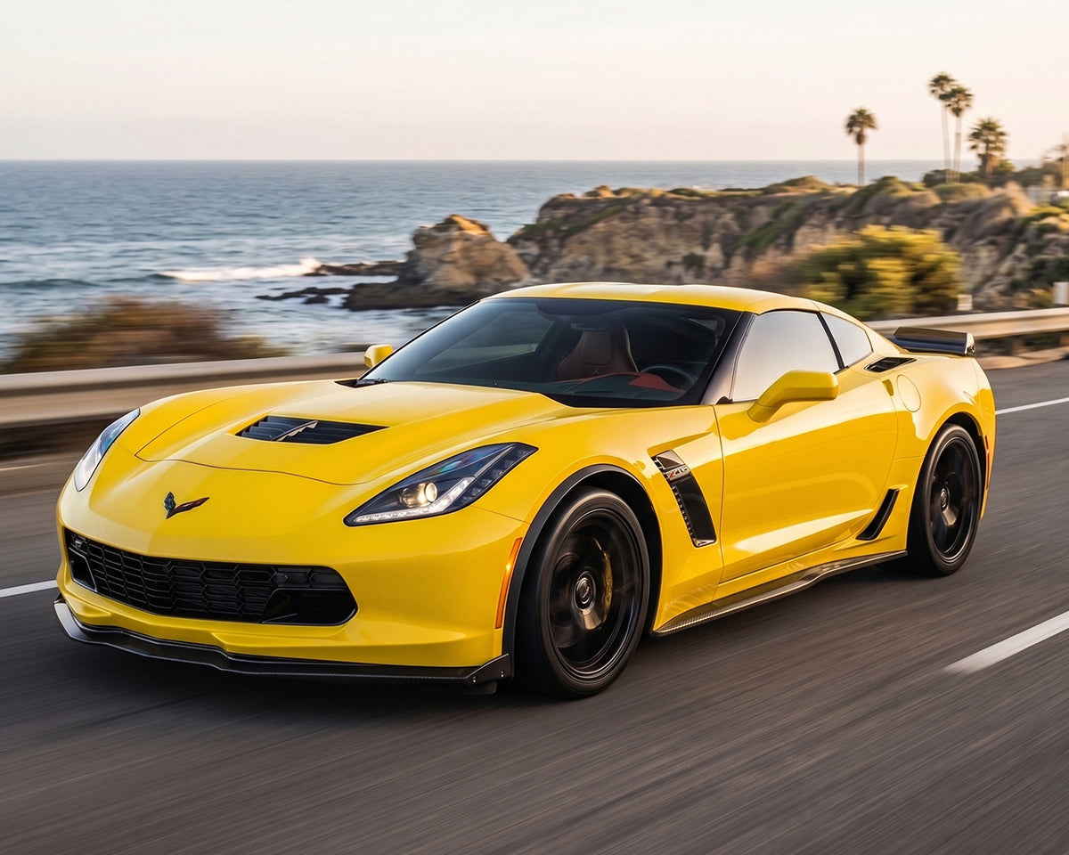 Yellow Corvette C7 Stingray driving on coastal highway equipped with Stage 2 front splitter
