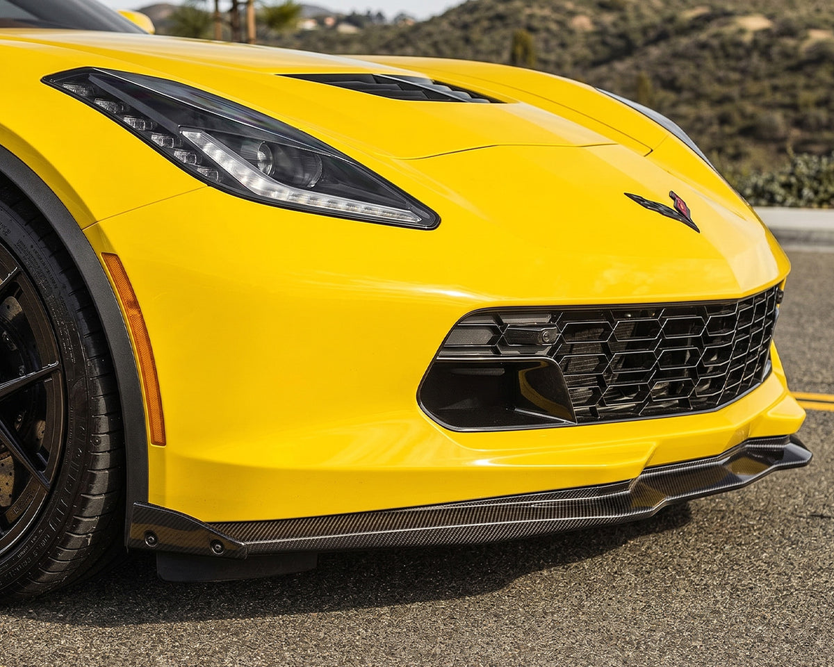 Corvette C7 Stage 2 front splitter with side winglets installed on yellow Corvette Stingray