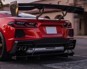 Detailed rear undertray and strake fitment of Corvette C8 Apex GT3 dry carbon diffuser