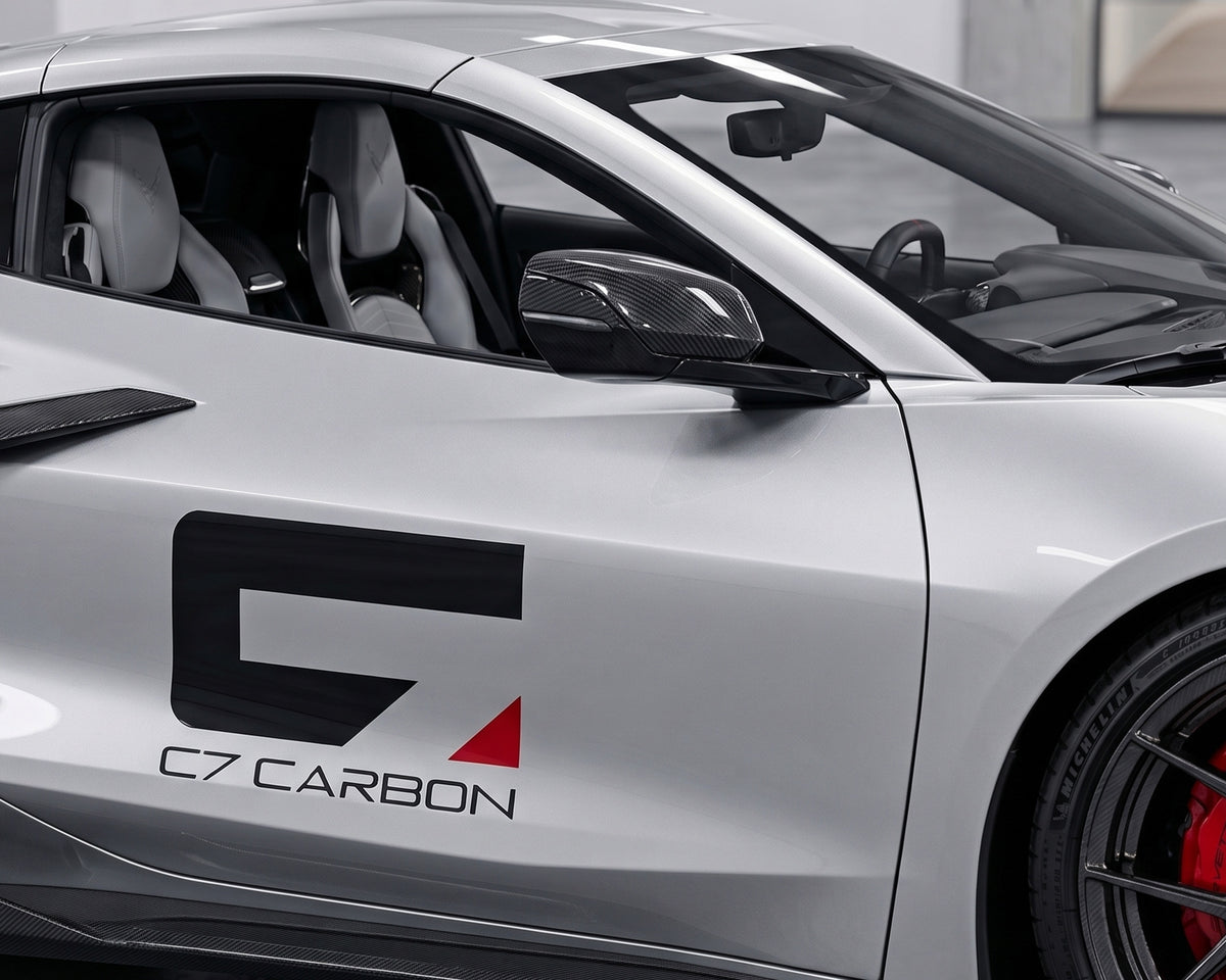 Silver C8 Corvette featuring C7 Carbon fiber mirror covers and side accents