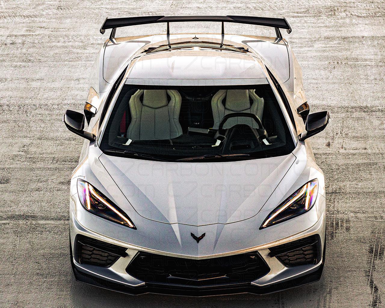 Overhead front view of C8 Corvette with OEM style carbon fiber rear high wing