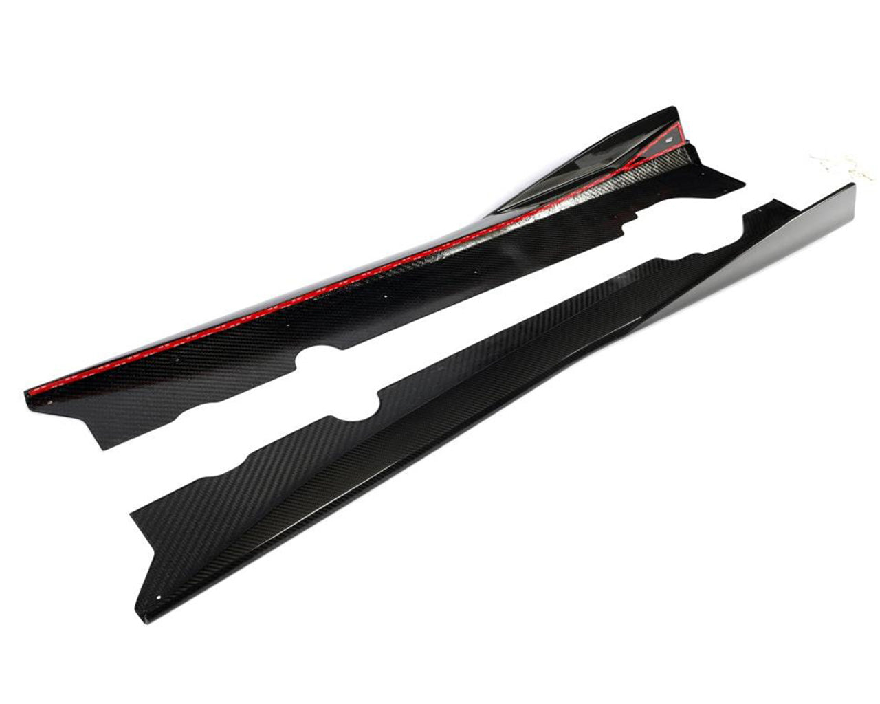 Underside view showing extended bottom floor flanges on C8 Corvette 5VM carbon fiber side skirts