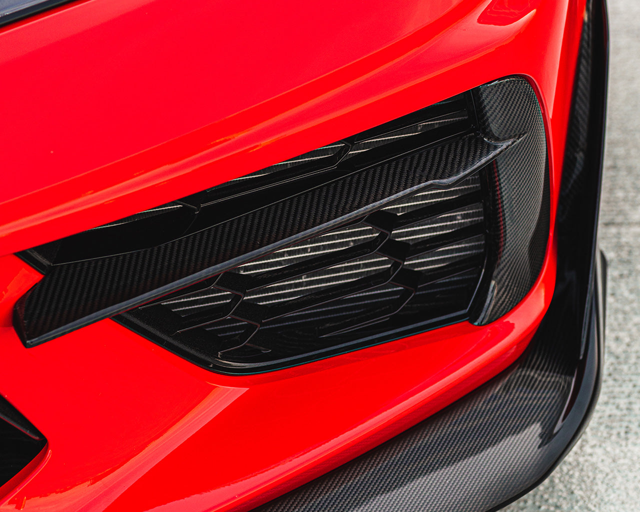 C8 Corvette front bumper carbon fiber grille bezels installed on Stingray corvette