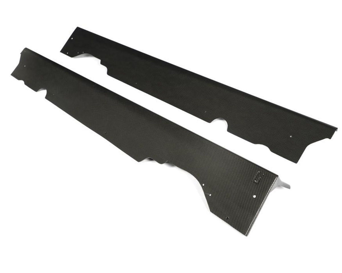 Underside view showing extended bottom underbody flanges on C8 Corvette Legacy carbon fiber side skirts