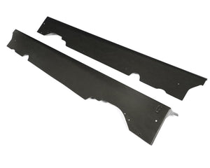 Underside view showing extended bottom underbody flanges on C8 Corvette Legacy carbon fiber side skirts