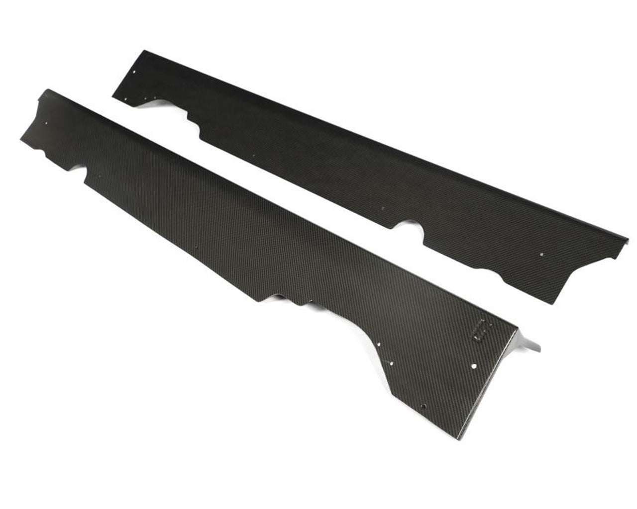 Underside view showing extended bottom underbody flanges on C8 Corvette Legacy carbon fiber side skirts