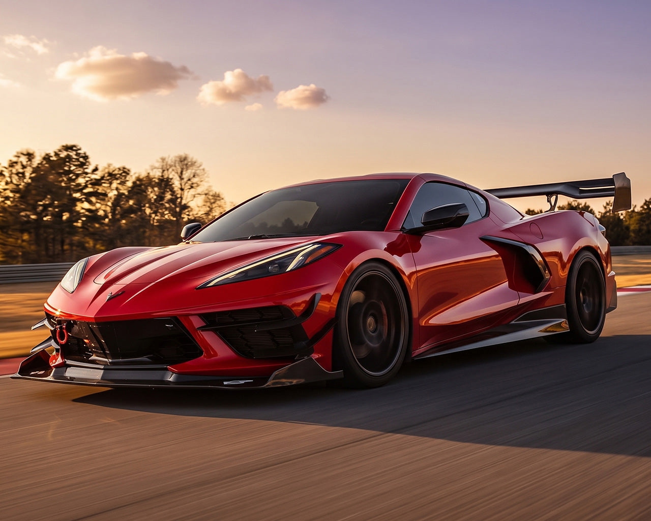 Front three quarter driving shot of red C8 Corvette Stingray with Legacy Edition carbon fiber side skirts