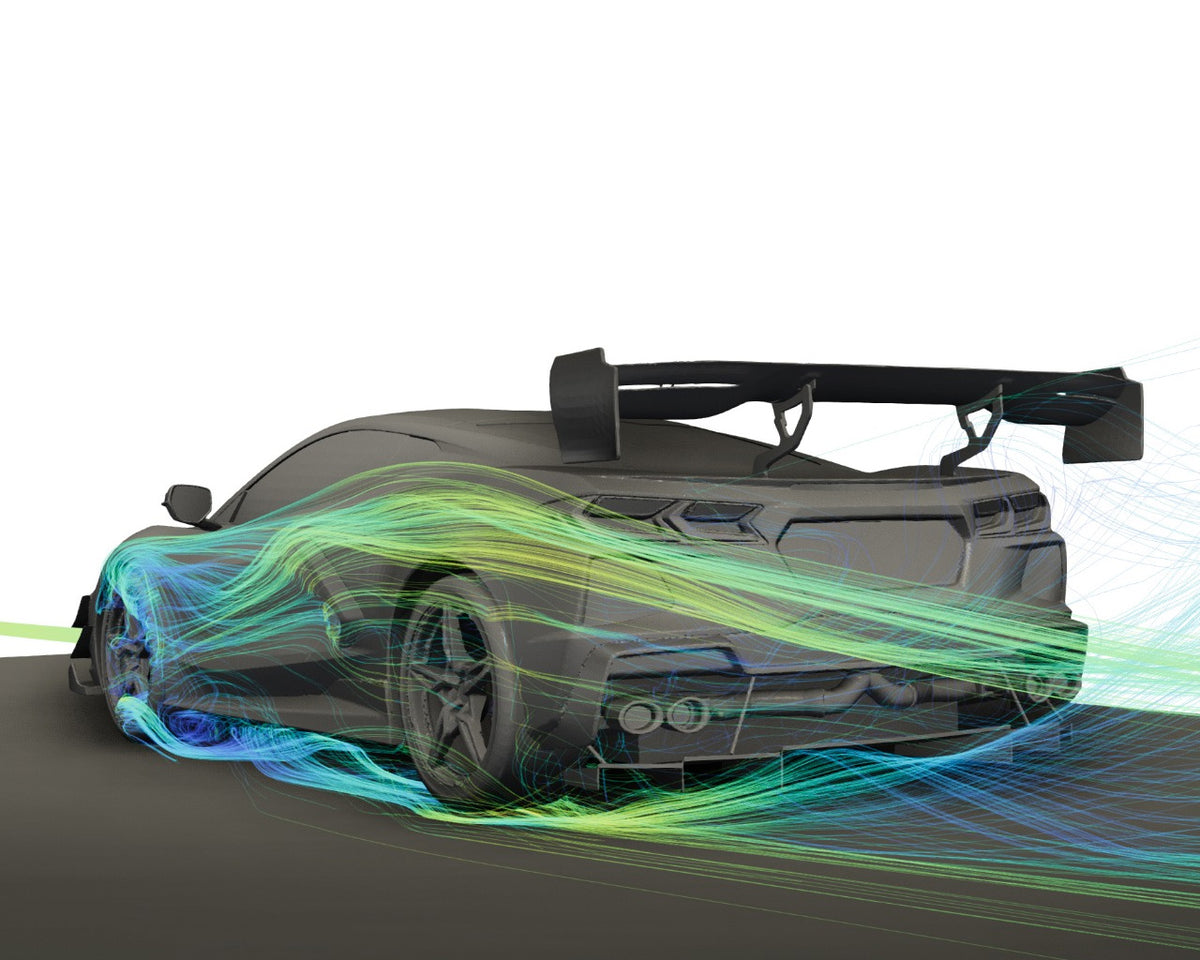 FD aerodynamic rear simulation demonstrating underbody undertray airflow channeling on C8 Corvette