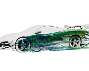 CFD aerodynamic side airflow simulation showing low-drag vortex management on C8 Corvette side skirts