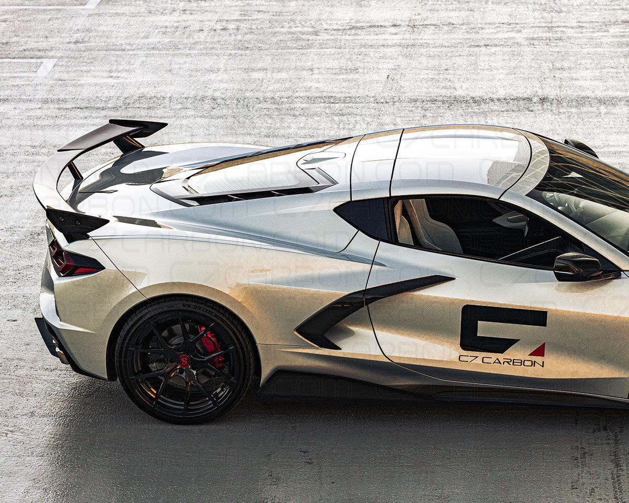 Side profile of C8 Corvette Stingray showing OEM style carbon fiber high wing height