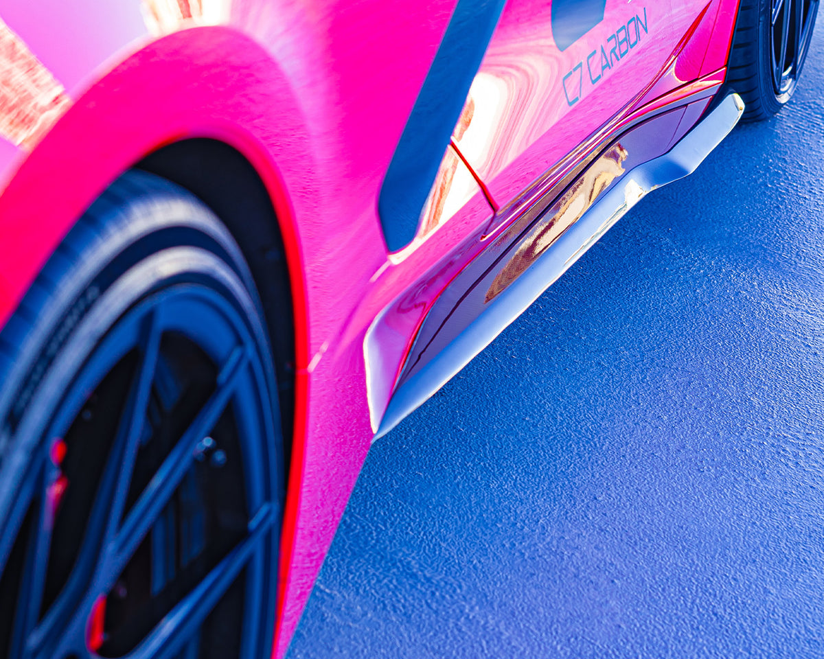 Detailed view of painted carbon flash z06 side skirt on C8 corvette