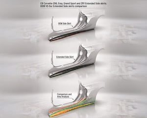 Technical diagram comparing OEM short side skirt versus C7 full length extended carbon fiber rocker panel coverage
