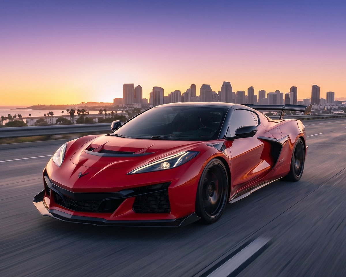 Sunset highway roller of red Corvette C8 Z06 ZR1 with extended underbody carbon fiber ground effects