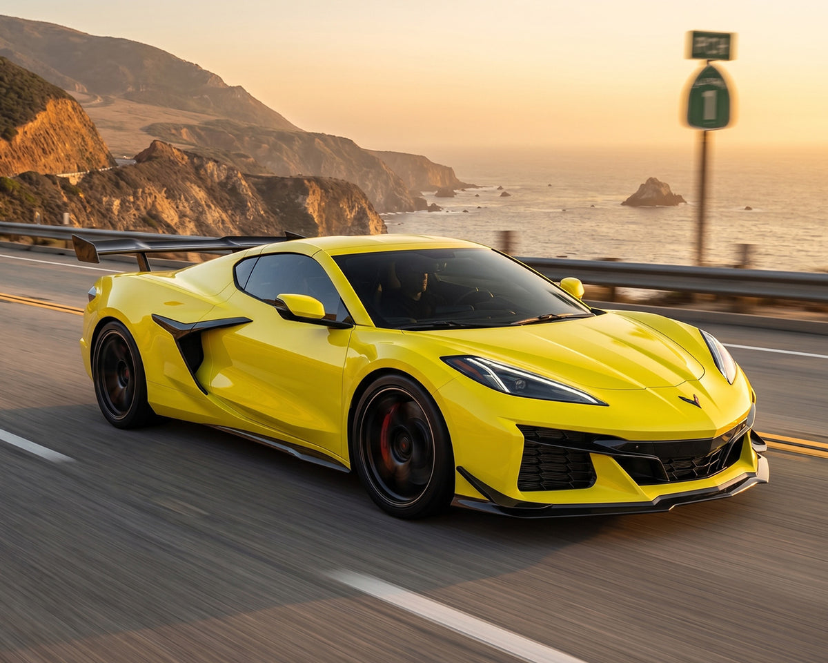 Yellow C8 Corvette E-Ray and Z06 parked at sunset showing aggressive rear wing aero profile