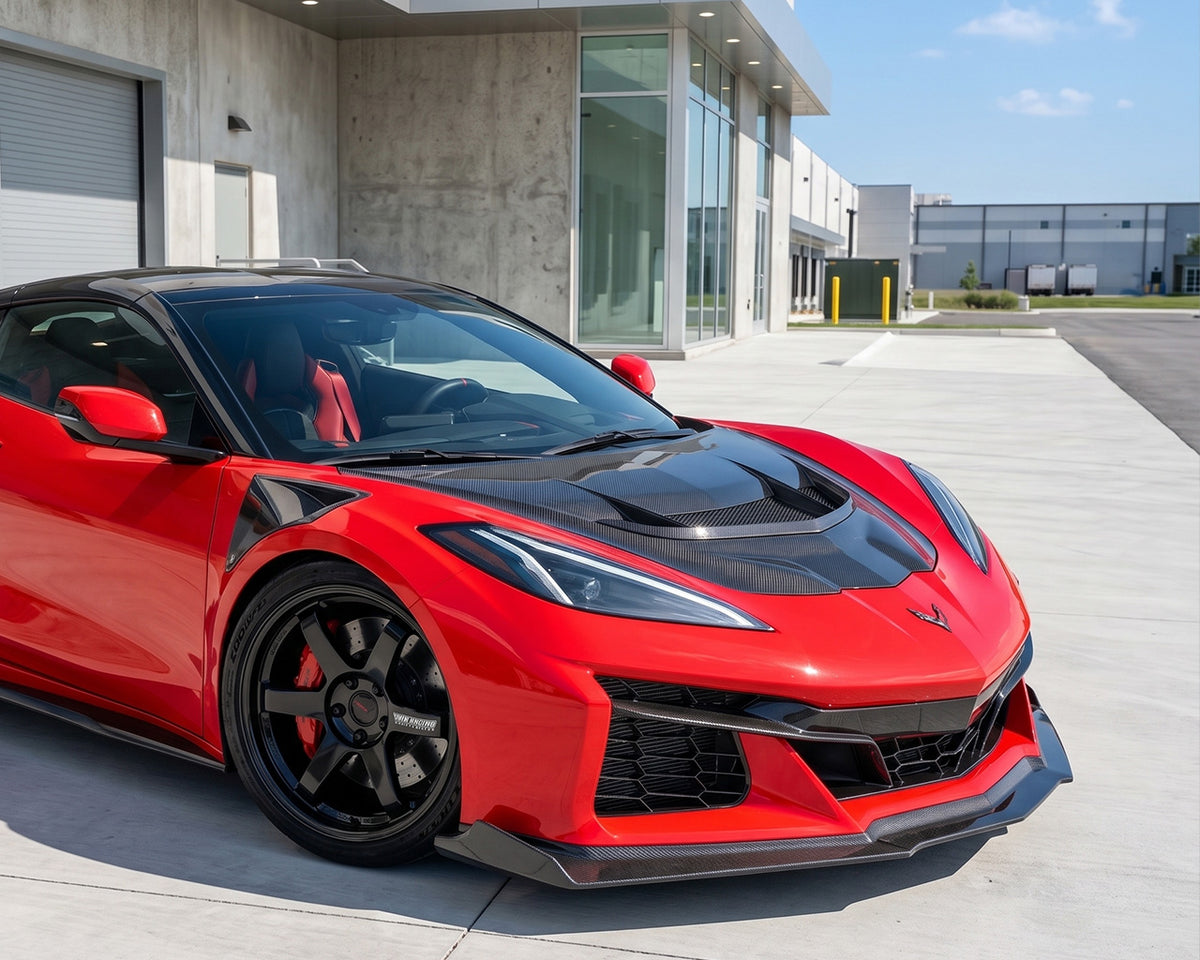 Torch Red C8 Corvette Stingray Equipped with ZR1 Style Carbon Fiber Hood