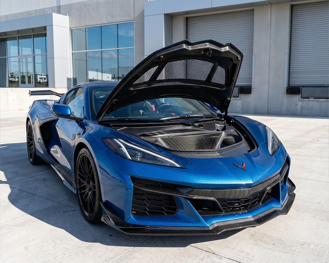 Riptide Blue C8 Corvette Z06 with Open Carbon Fiber Hood and Inner ducting Detail