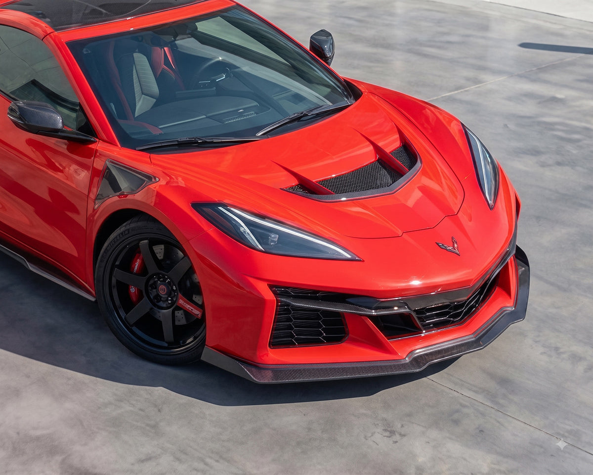 High-Angle Front View of C8 Corvette Carbon Fiber ZR1 Style Hood Vents