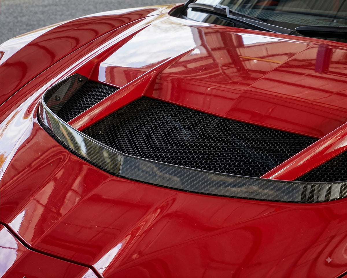 Close-Up View of C8 Corvette Carbon Fiber Hood Heat Extraction Vent Mesh and Weave